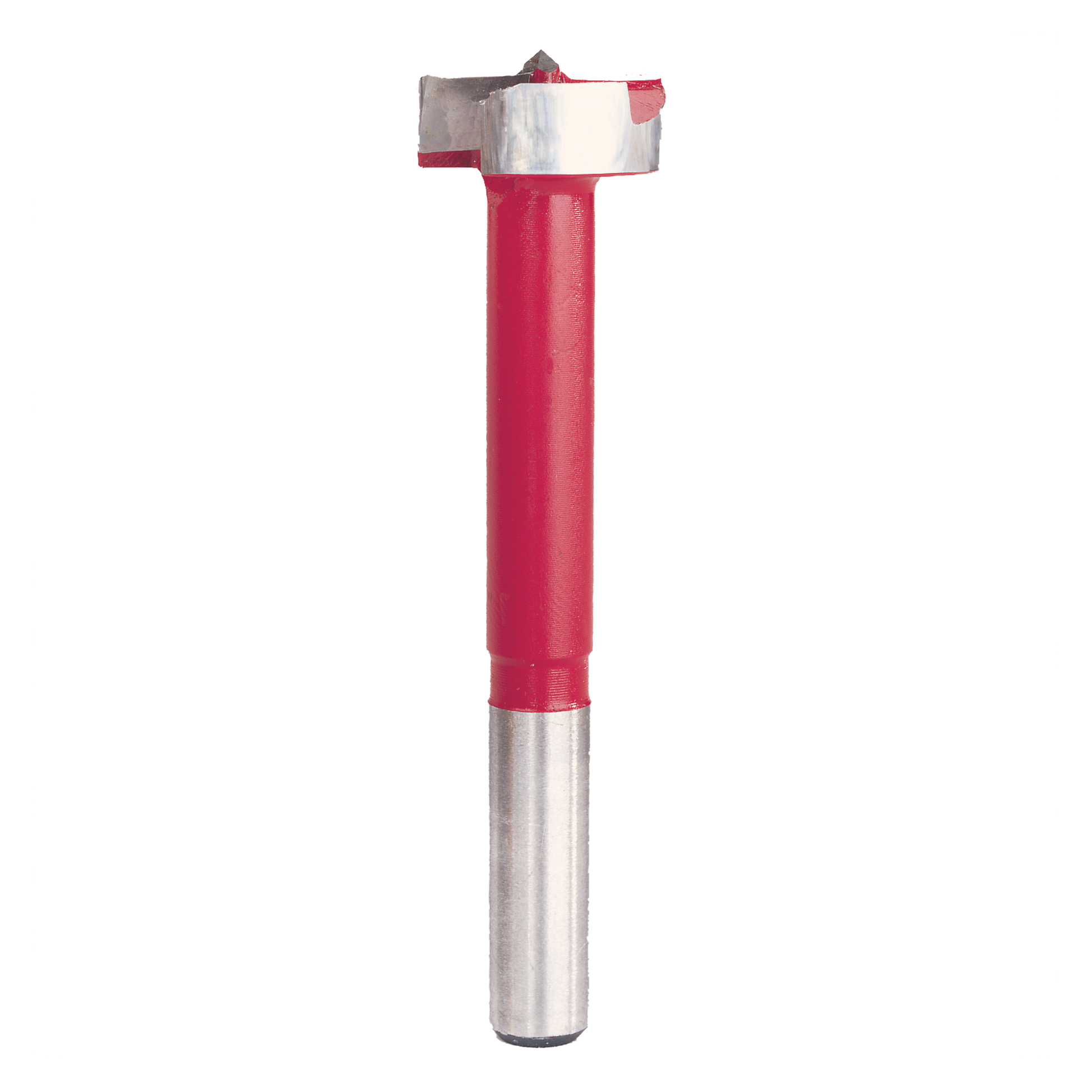 Forstner bit with red plastic body and metal cutting head and shank.