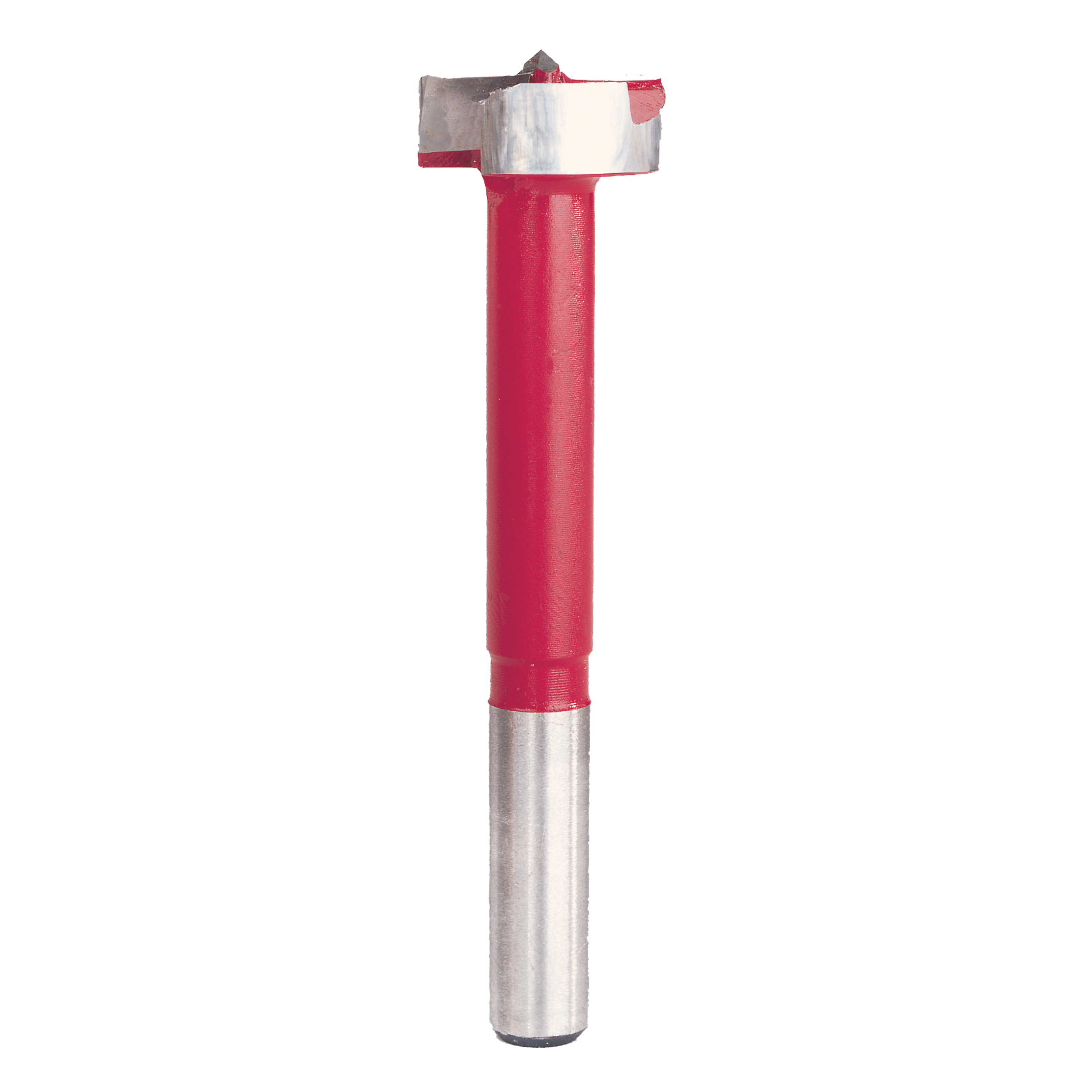 Forstner bit with red plastic body and metal cutting head and shank.
