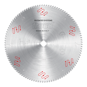 Freud circular saw blade with fine teeth around perimeter, center bore, and red patented wavy lines marked around surface.