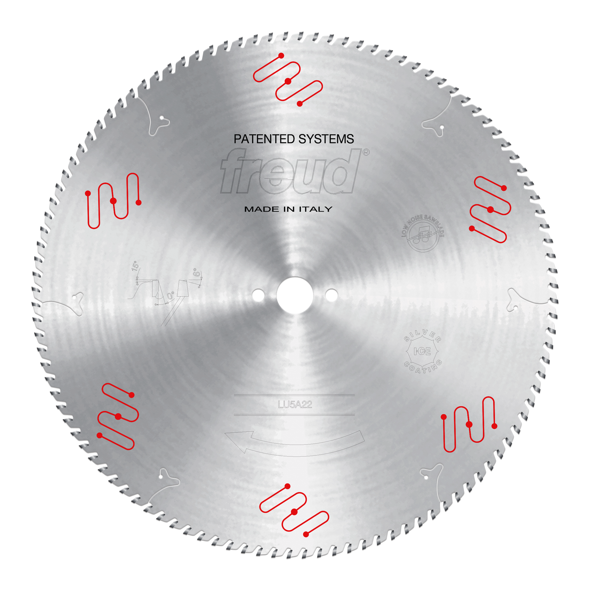 Freud circular saw blade with fine teeth around perimeter, center bore, and red patented wavy lines marked around surface.