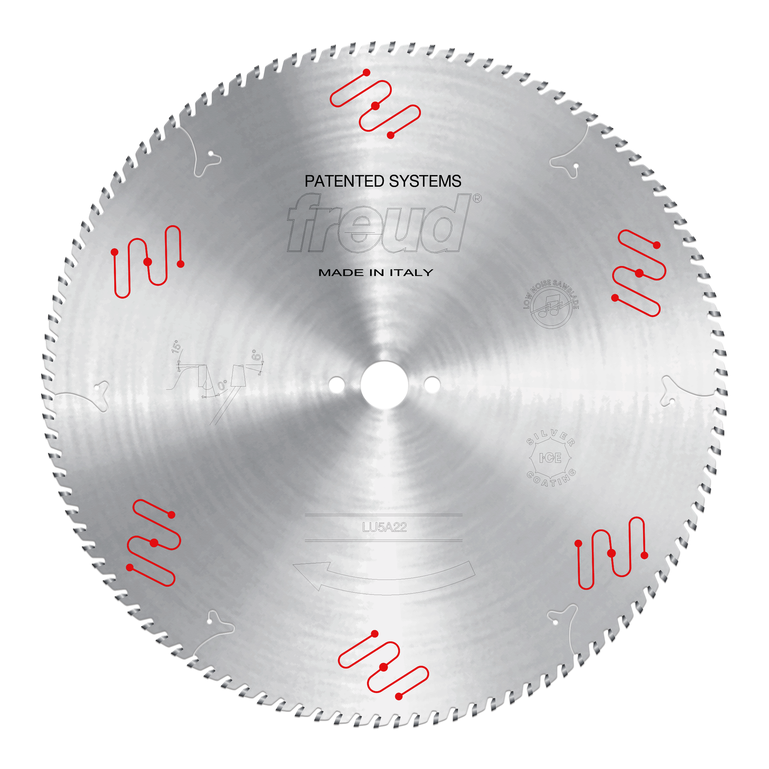 Freud circular saw blade with fine teeth around perimeter, center bore, and red patented wavy lines marked around surface.