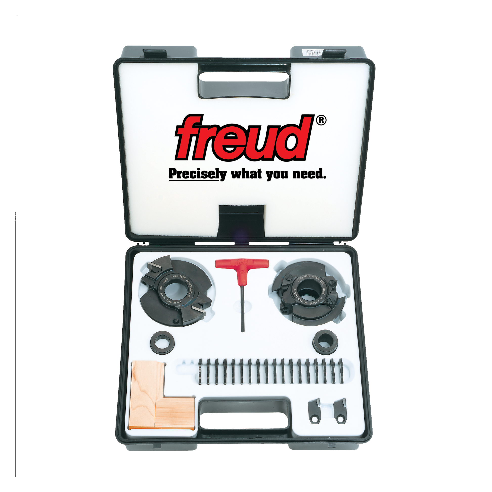 Freud RS2000 door system kit containing two head assemblies, red T-handle wrench, screws, shims, and metal brackets in carryi
