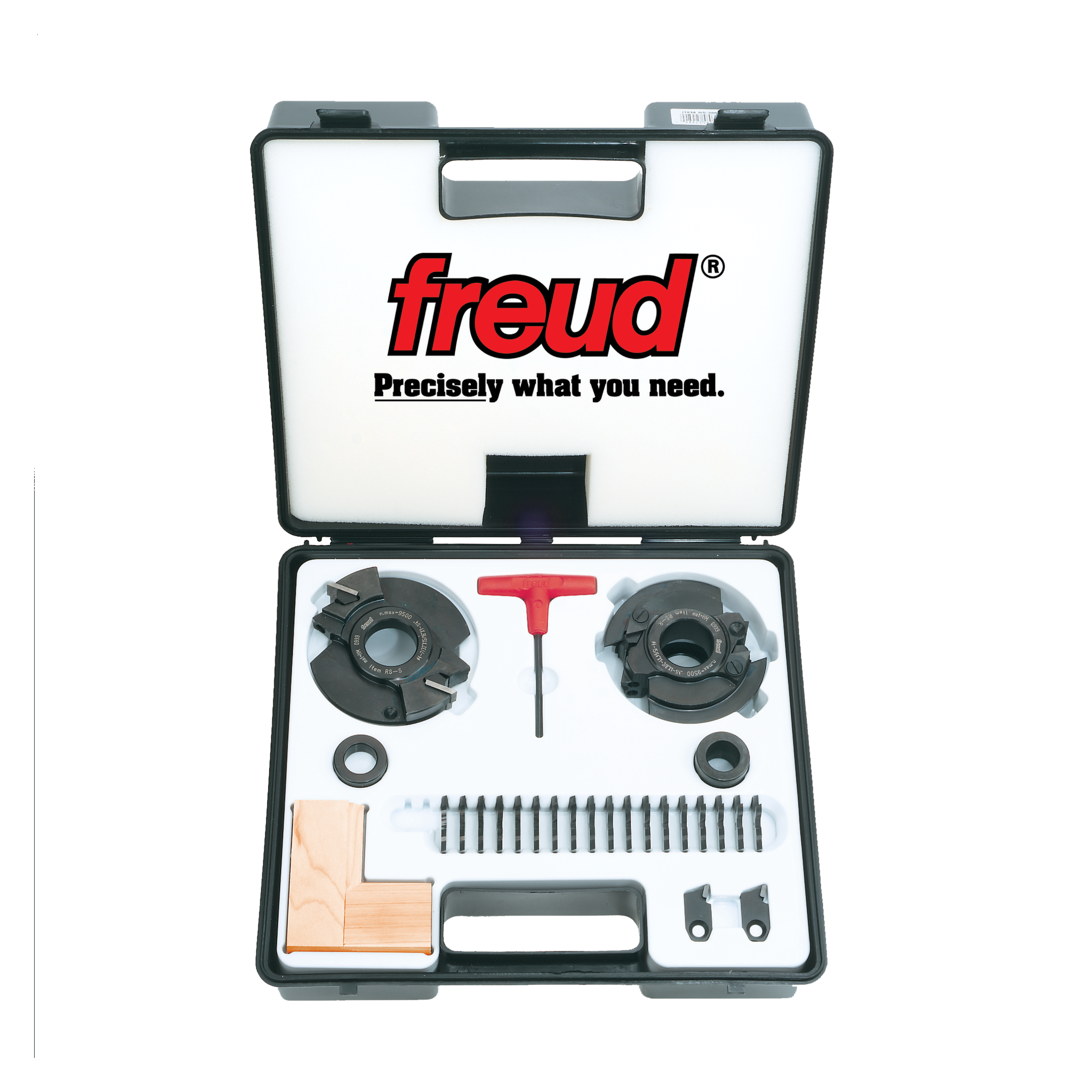 Freud RS2000 door system kit containing two head assemblies, red T-handle wrench, screws, shims, and metal brackets in carryi