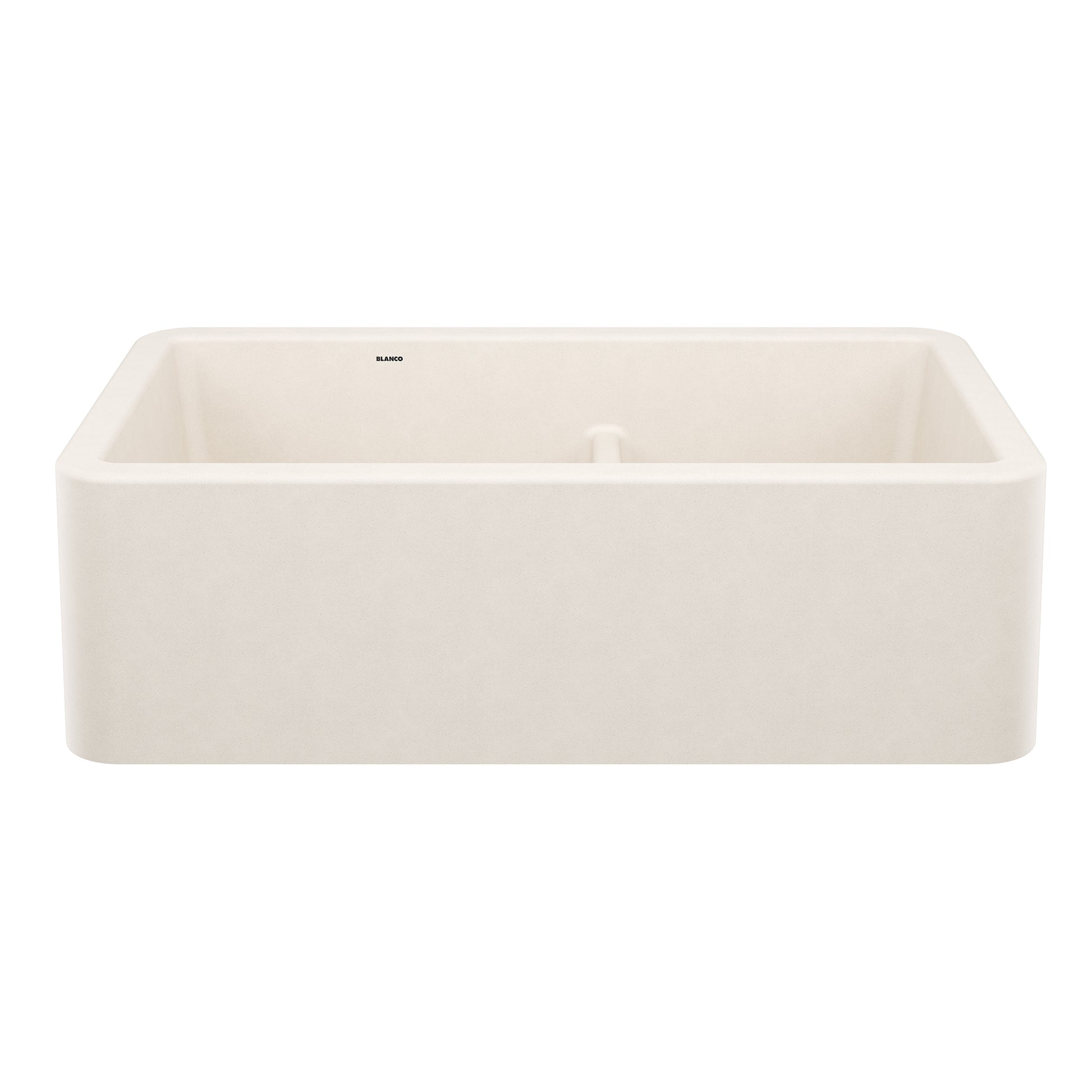Soft white rectangular apron front sink with low divide basin and rounded corners.