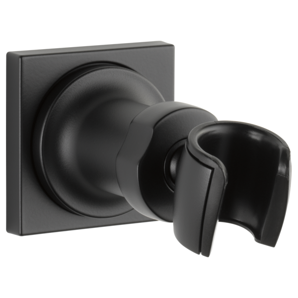 Black wall-mounted hand shower holder with square trim plate and adjustable bracket cradle.