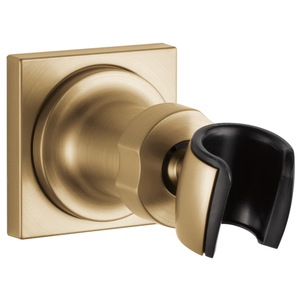 Brushed gold square wall mount with round trim ring and black hand shower holder bracket.