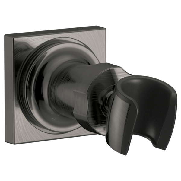 Chrome wall-mounted hand shower holder with adjustable bracket and curved cradle, in brushed finish.