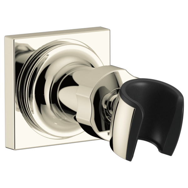 Chrome wall-mounted hand shower holder with square backplate and black grip cradle.
