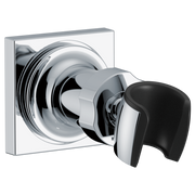 Chrome wall mount bracket with adjustable hand shower holder and black grip, mounted on square escutcheon plate.