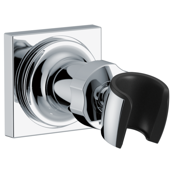 Chrome wall mount bracket with adjustable hand shower holder and black grip, mounted on square escutcheon plate.