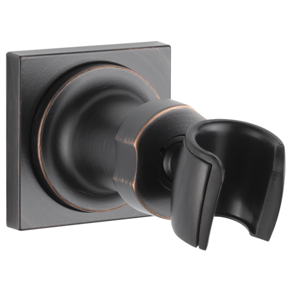 Black wall-mounted hand shower holder with adjustable bracket and copper accents on square escutcheon.