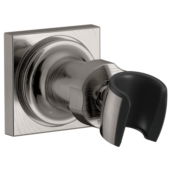 Chrome wall-mounted hand shower holder with square escutcheon plate and black grip cradle.