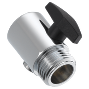 Chrome shower volume control valve with black lever handle and threaded connector.