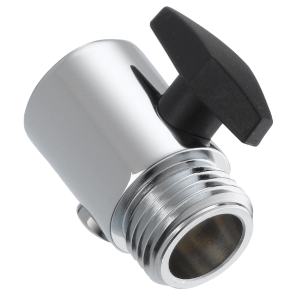 Chrome shower volume control valve with black lever handle and threaded connector.