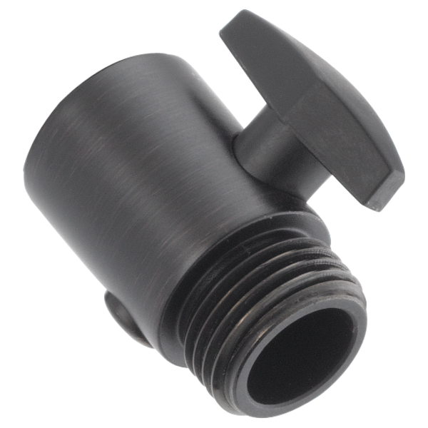 Black brushed metal shower volume control valve with threaded connection and lever handle.