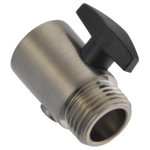 Brushed nickel shower volume control valve with black lever handle and threaded connection port.