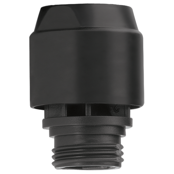 Black cylindrical vacuum breaker with threaded male connection and protective cap.