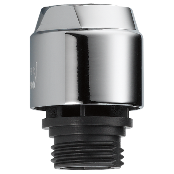 Chrome and black plastic shower vacuum breaker with threaded male connection port.