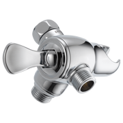 Chrome 3-way shower diverter with lever handle, hand shower mount, and threaded ports for plumbing connections.