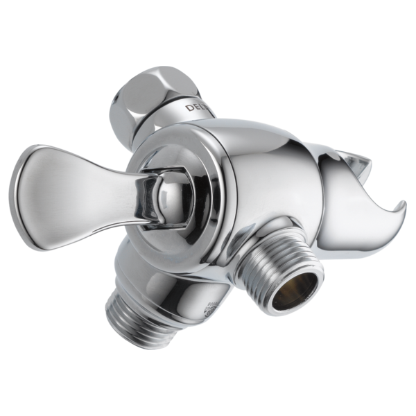 Chrome 3-way shower diverter with lever handle, hand shower mount, and threaded ports for plumbing connections.