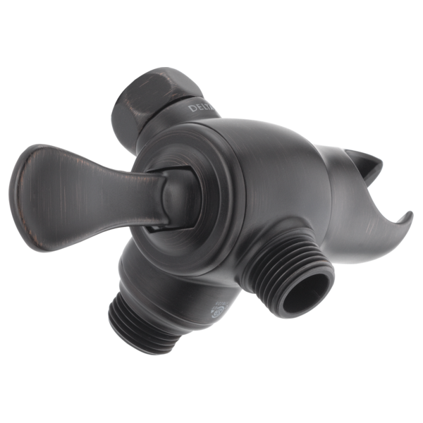 Black Delta 3-way shower diverter valve with threaded ports and lever handle for directing water flow.