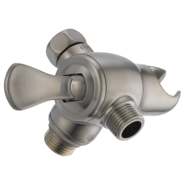 Brushed nickel 3-way shower diverter with threaded ports and lever handle for directing water flow.