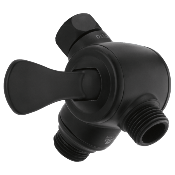 Black 3-way shower diverter valve with lever handle and threaded ports for connection.