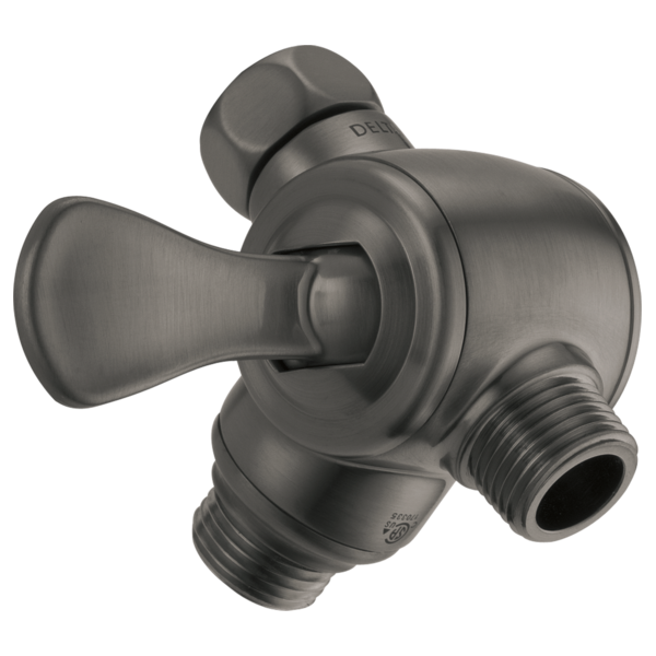 Gunmetal gray Delta shower arm diverter with lever handle and threaded ports for hand shower connection.