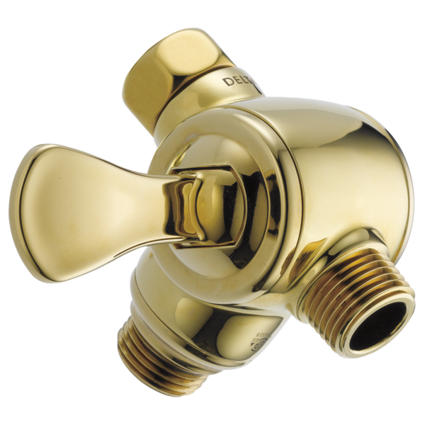 Polished brass 3-way shower diverter with lever handle and threaded ports for shower arm connection.