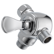 Chrome shower arm diverter with lever handle and threaded connection ports for hand shower and wall mount.