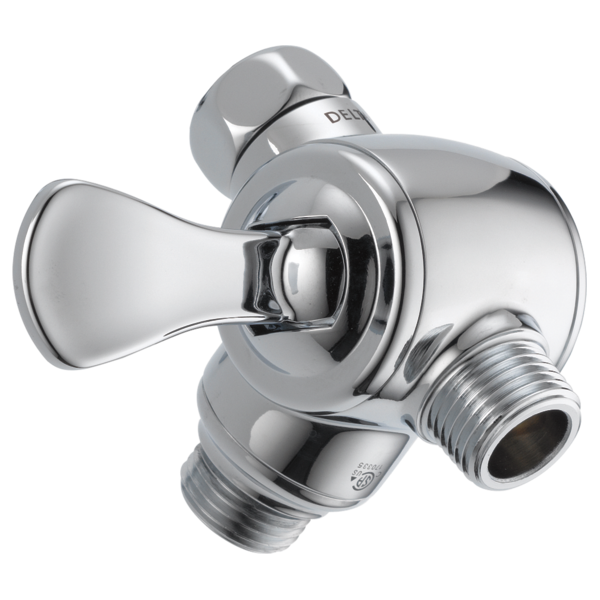 Chrome shower arm diverter with lever handle and threaded connection ports for hand shower and wall mount.