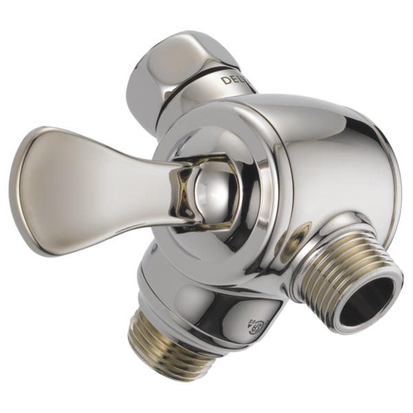 Chrome 3-way shower diverter valve with lever handle and threaded brass connections for hand shower installation.