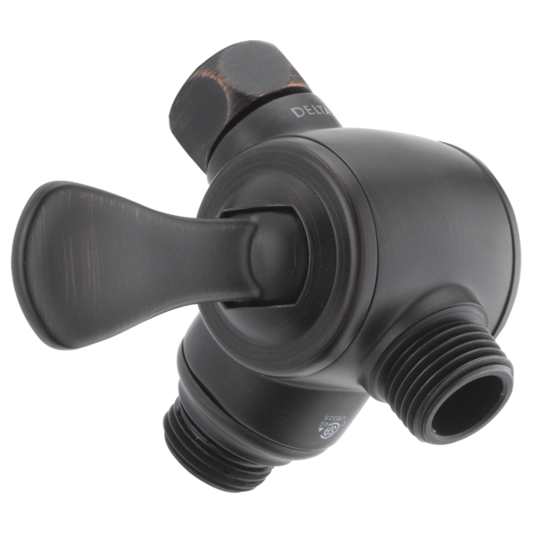 Chrome three-way shower diverter valve with handle lever and threaded ports for arm and hand shower connections.