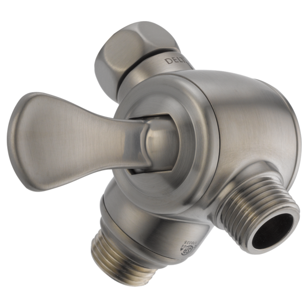 Brushed nickel shower arm diverter with lever handle and threaded connection ports for hand shower installation.