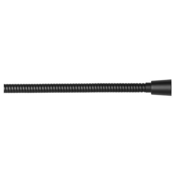 Black ribbed shower hose with black connector fitting at the end.