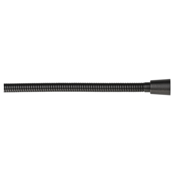 Black flexible shower hose with ribbed texture and connector fitting at end.