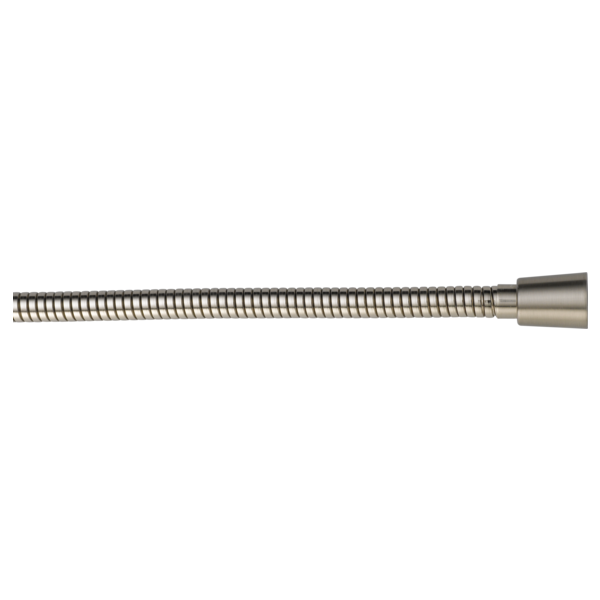 Stainless steel coiled shower hose with brushed nickel connector fitting on right end.