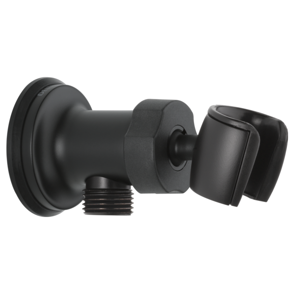 Black metal wall mount elbow with adjustable bracket and threaded connector for shower systems.