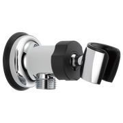 Chrome and black wall-mounted shower elbow with adjustable bracket and threaded connection fitting.