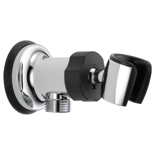 Chrome and black wall-mounted shower elbow with adjustable bracket and threaded connection fitting.