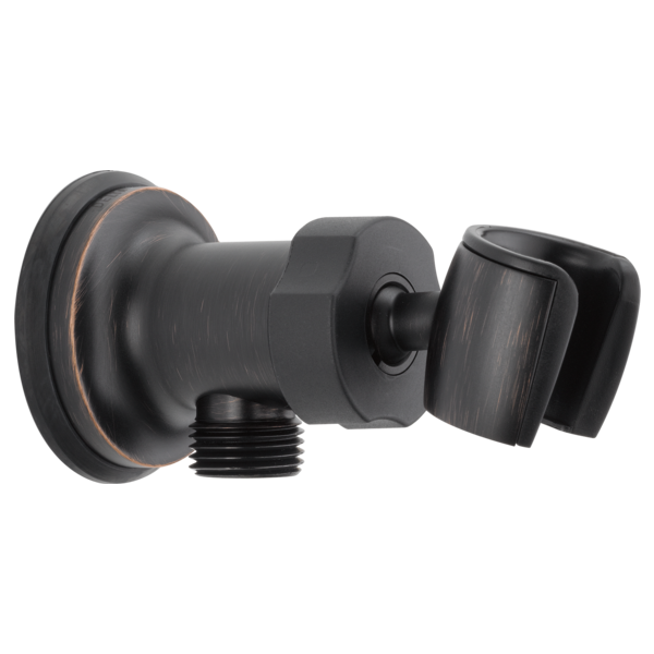 Black wall-mounted shower elbow with adjustable bracket and threaded connection, shown from side angle.