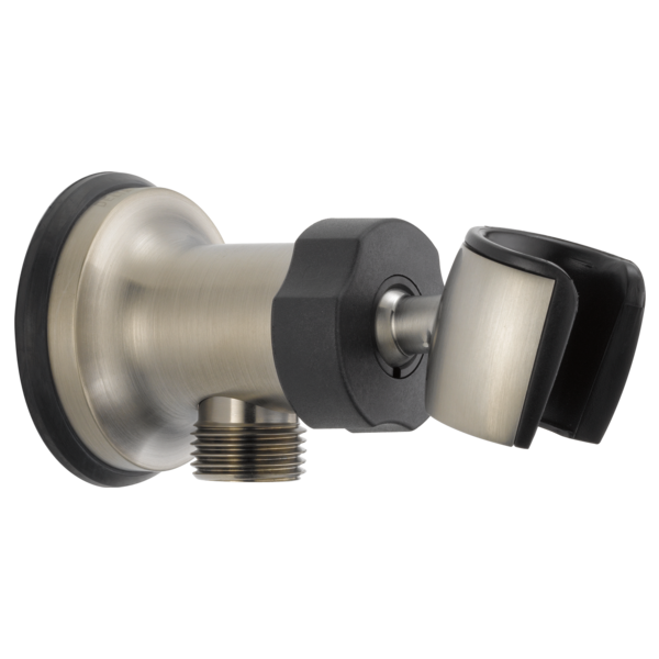 Chrome and black metal wall mount elbow with adjustable connector and threaded inlet for shower systems.