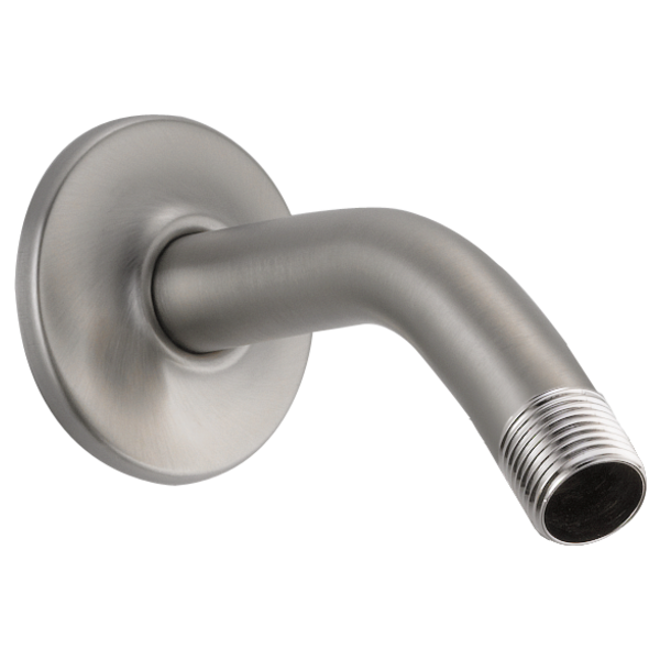 Brushed stainless steel shower arm with circular flange and threaded connection end.