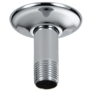 Chrome ceiling mount shower arm with threaded connection and round flange plate.