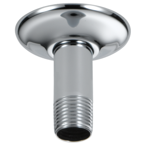 Chrome ceiling mount shower arm with threaded connection and round flange plate.