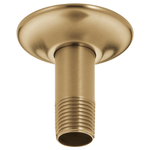 Brushed gold ceiling-mounted shower arm with threaded connection and circular flange.