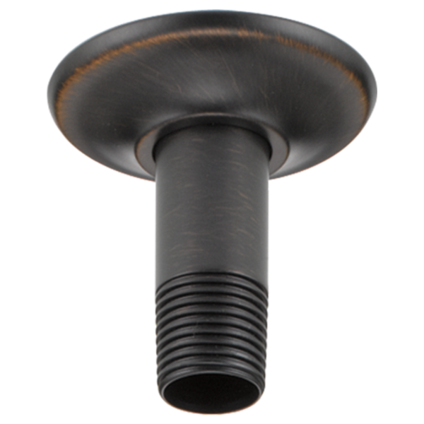 Black ceiling mount shower arm with threaded connection and wide round flange.