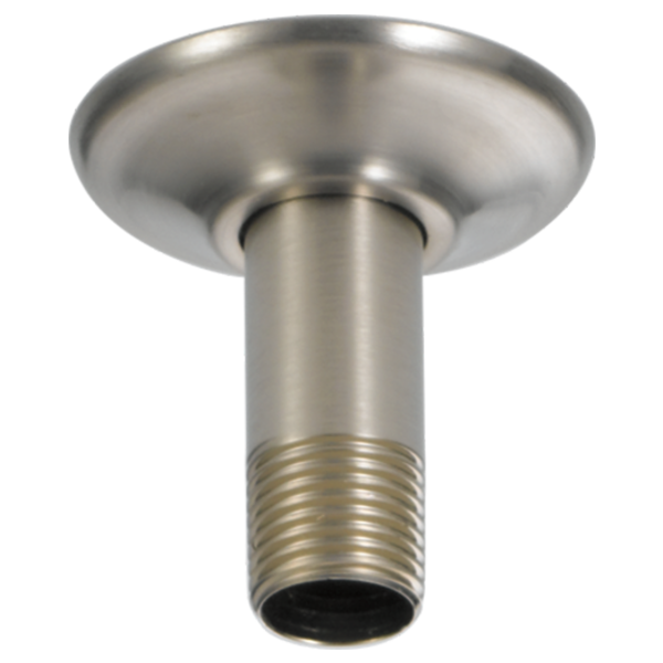 Brushed nickel ceiling-mounted shower arm with threaded connection and round flange escutcheon.
