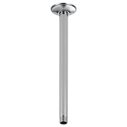 Chrome ceiling-mounted shower arm with circular flange fitting and threaded connection point.