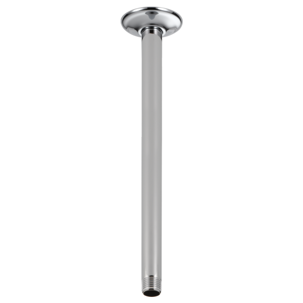 Chrome ceiling-mounted shower arm with circular flange fitting and threaded connection point.